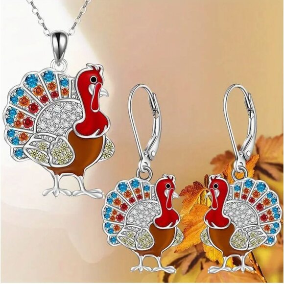 Turkey Pendant Necklace & Earrings Thanksgiving Set Rhinestones Silver Tone - Picture 1 of 3